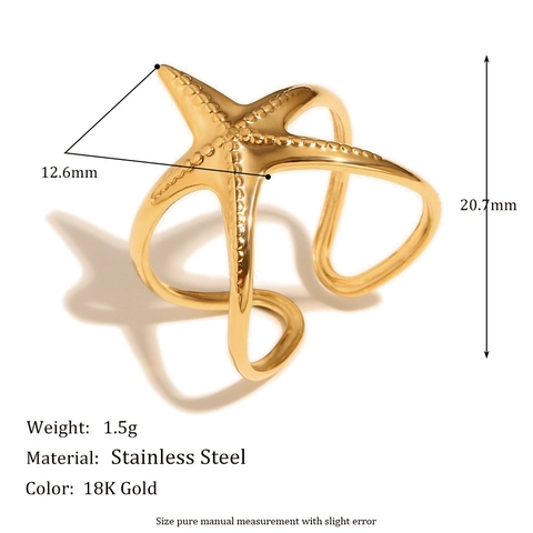 Seestern Ring Gold Vergoldet Edelstahl Verstellbar Offen Ozean Thema Modeschmuck Für Frauen