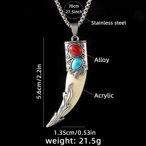 Wolf Tooth Pendant Necklace With Stainless Steel Chain Alloy Acrylic Faux Turquoise Tribal Ethnic Retro Style Unisex