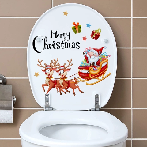 Weihnachts Toilettenaufkleber PVC Weihnachtsmann Rentier Schlitten Frohe Weihnachten Badezimmer Wandtattoo Festliche Deko