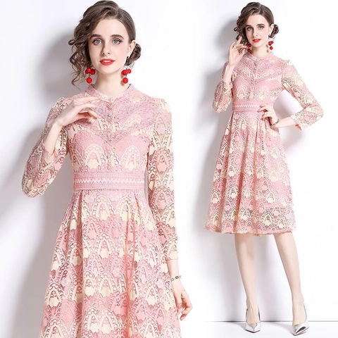 Abito Ricamato In Pizzo Rosa Donna Maniche Lunghe Collo Alto Elegante Linea A Midi Abiti Vintage Crochet