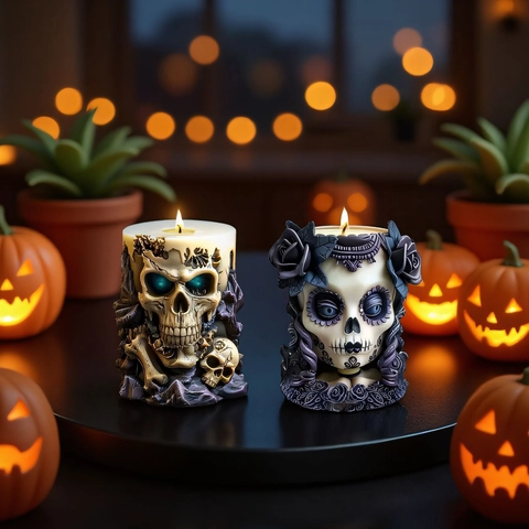 Skull Candle Silicone Mold Flexible Relief Rose Evil Gothic Handmade Soap DIY Craft Halloween Day Of The Dead Party Decor