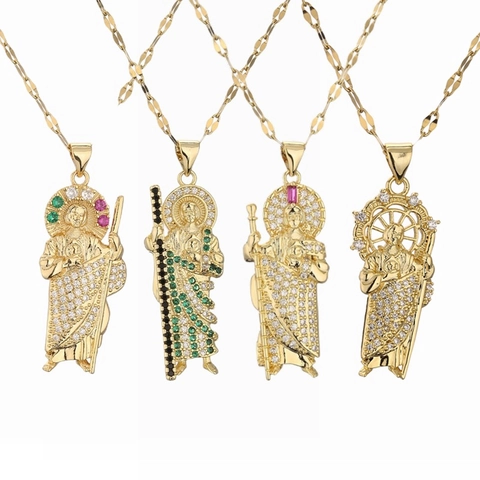 Religious Pendant Necklace Copper 18K Gold Plated Iced Out Cubic Zirconia Micro Pave Jewelry For Women Men