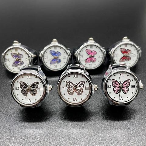 Vintage Butterfly Pattern Ring Watch Silver Alloy Elastic Band Quartz Finger Watch For Women Roman Numerals Round Dial Jewelry Gift