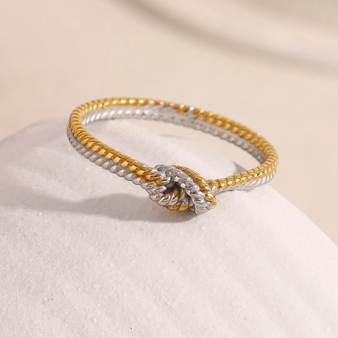 Twisted Rope Knot Ring 18K Gold Plated Stainless Steel Two-Tone Geometric Textured Finger Jewelry For Women