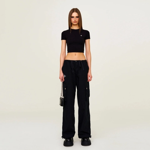 Women Slim Fit Ribbed Cotton Crop Top T-Shirt Round Neck Short Sleeve Cross Embroidery Streetwear Casual Top