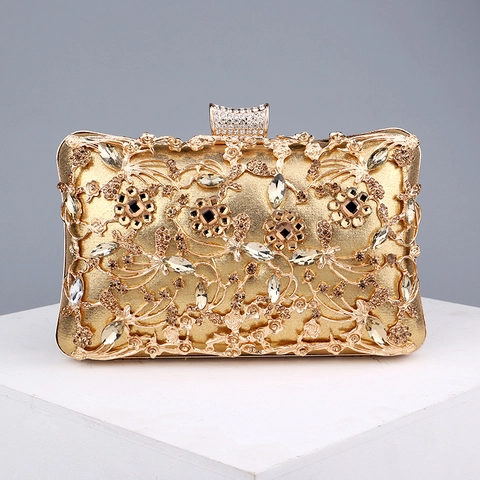 Luxury Rhinestone Evening Clutch Bag For Women Hollow Out Floral Metal Banquet Handbag Wedding Party Purse With Chain