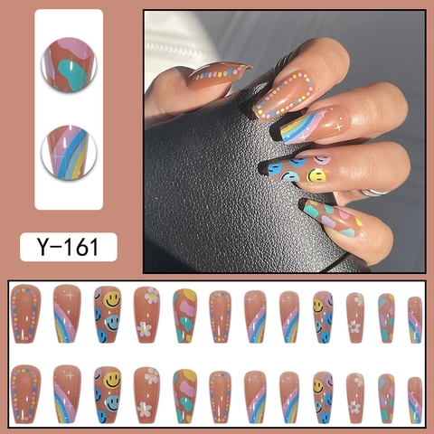 Regenbogen Smile Face Press On Nails Lang Coffin Bunte Herz Stern Glänzend Falsche Nägel Süße Dopamine Style