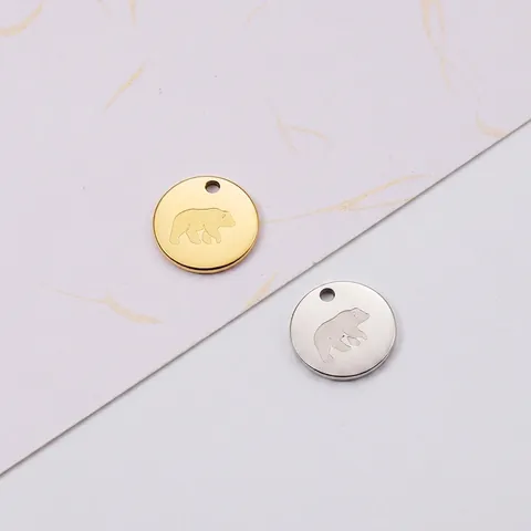 Colgante Moneda Redonda Con Patrón De Oso Acero Inoxidable Chapado Oro 18K Accesorio Fabricación Joyería DIY Dije