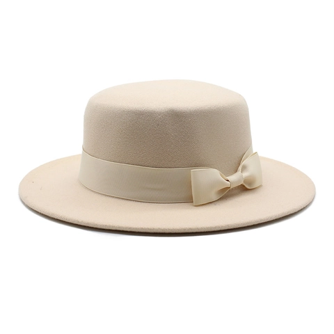 Boater Hat Wool Felt Flat Brim Wide Rim Bow Ribbon Decor Vintage Jazz Fedora For Women Men Autumn Winter