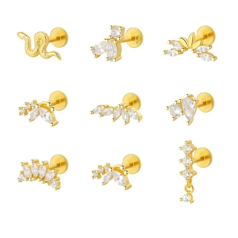 Orecchini A Lobo In Zircone Geometrico Con Perno In Argento Sterling 925 Placcato Oro Design Serpente Foglia Gioielli