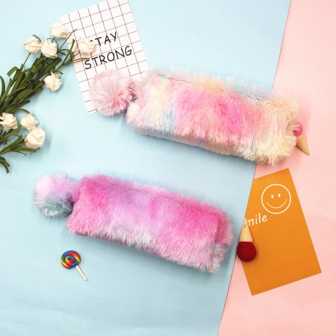 Estuche De Peluche Para Lápices Arcoíris Tie-Dye Gran Capacidad Bolsa Papelería Con Pompon Para Niñas Lindo Organizador Escolar