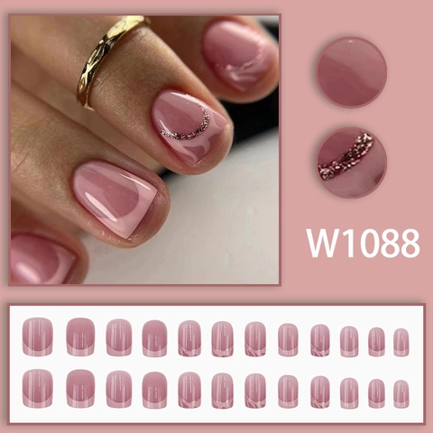 French Gradient Press On Nails Pink Fine Glitter Short Square Round Glossy Artificial Fake Nails Elegant For Women