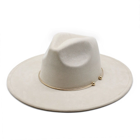 Wide Brim Fedora Hat Vintage Faux Suede Flat Brim Elegant Unisex Jazz Sombrero Gold Metal Ring Band Accessories