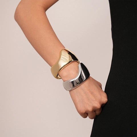Irregular Geometric Cuff Bracelet Metal Chunky Wide Open Bangle Mirror Polished Minimalist Modern Fashion Jewelry For Women