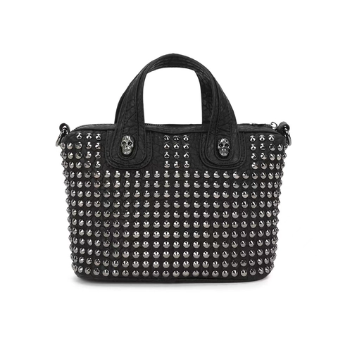 Gran Capacidad Estilo Punk Bolso de Hombro de Cuero PU Mujer Remaches Calavera Bolso de Mano Tote Oscuro