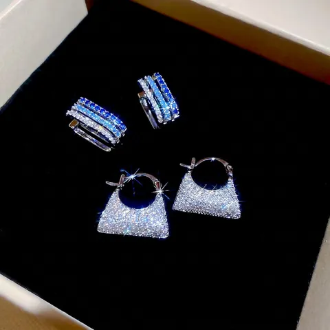 Geometric Hoop Earrings For Women With Zircon Inlaid Copper Luxury Minimalist Bag Shape Design Silver Earring Post
