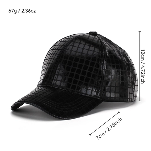 Metallic PU Leather Baseball Cap Shiny Square Grid Embossed Curved Brim Adjustable Outdoor Streetwear Fashion