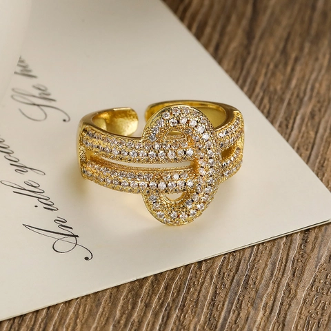Women Open Ring 18K Gold Plated Copper Cubic Zirconia Adjustable Geometric Minimalist Luxury Fashion Jewelry