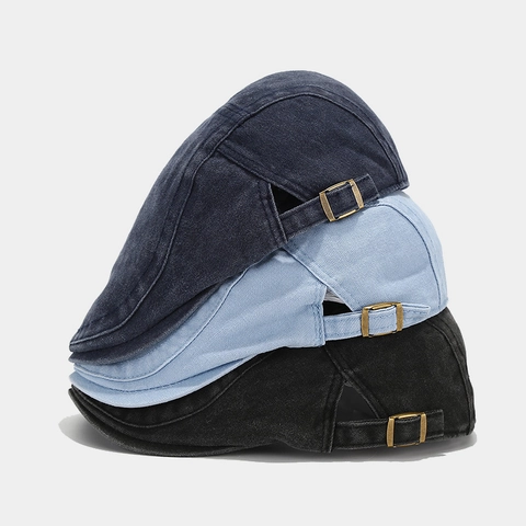 Retro Washed Cotton Flat Cap Adjustable Metal Buckle Distressed Denim Style Ivy Newsboy Hat For Men Women Casual