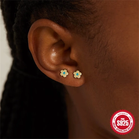 Minimalist Stud Earrings With 925 Sterling Silver Earring Post Turquoise Zirconia Flower Moon Star Shape Retro For Women