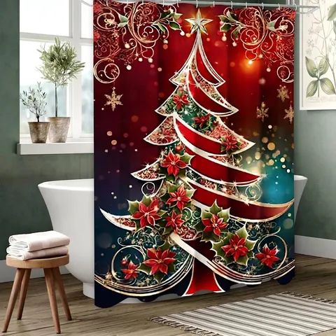 Kerst Douchegordijn Waterdicht Polyester Feestelijk Kerstboom Patroon Badkamer Decoratie Ornament