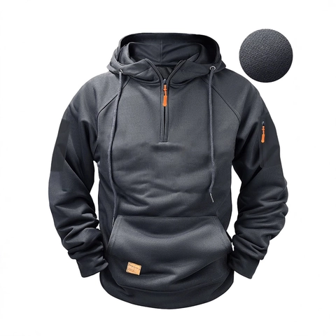 Sweat À Capuche Tactique Homme Demi-Zip Polyester Polaire Manches Longues Outdoor Casual