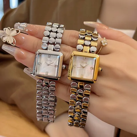 Elegant Women Square Watch Alloy Strap Mother Of Pearl Dial Rhinestone Markers Quartz Movement Fashion Jewelry Wristwatch