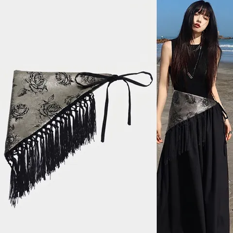 Damen Taillenkette Gürtel Stoff Dreieckstuch Mit Rosendruck Und Langen Fransen Schnürung Gothic Vintage Accessoires