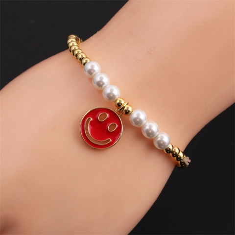 Bracciale Perline Perline Rame Oro Perla Artificial Imitazione Bianca Smalto Sorriso Ciondolo Elastico Gioielli Tendenza Donna