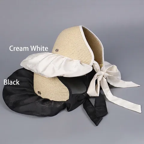 Women Wide Brim Straw Sun Hat Satin Jacquard Open Top Foldable Bow Beach Summer Anti UV Ponytail Friendly Elegant