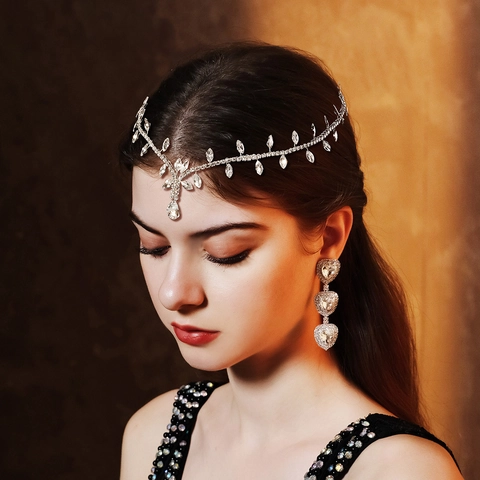Bohemian Silver Rhinestone Bridal Forehead Chain Crystal Water Drop Leaf Headpiece Ethnic Wedding Hair Band For Women