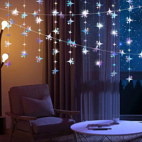 Holografische Ster Cirkel Slinger Hangende Papieren Decoraties Voor Verjaardag Feest Bruiloft Kerstmis Glimmende Metalen Achtergrond Decor