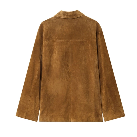 Chaqueta De Gamuza Para Mujer Solapa Un Solo Pecho Manga Larga Color Sólido Abrigo Vintage Casual Con Bolsillos