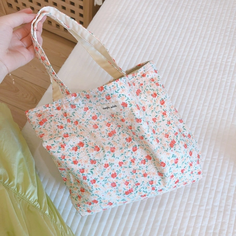 Sac Fourre-Tout En Toile De Coton À Fleurs Style Coréen Fermeture Éclair Petit Sac À Main Portable Pour Femmes