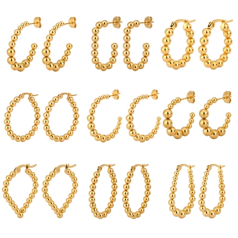Stainless Steel Beaded Hoop Earrings For Women Gold Silver C-Shape Heart U-Shape Geometric Ball Minimalist Jewelry