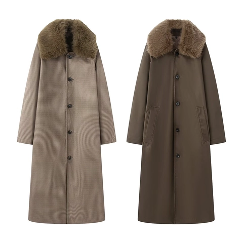 Women Reversible Trench Coat Faux Fur Collar Plaid Brown Long Overcoat Winter Warm Polyester Casual Outwear