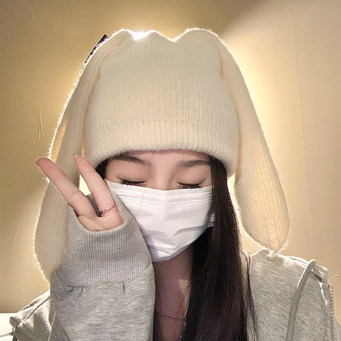 Cute Rabbit Ears Knit Beanie For Women Winter Warm Soft Long Ear Bunny Hat Solid Color Crochet Cold Hat Daily Outdoor Accessories