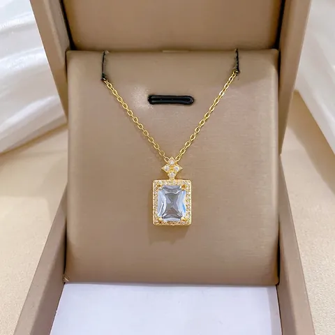 Rectangle Cubic Zirconia Pendant Necklace Titanium Steel Chain Copper Micro Pave Gold Plated Luxury Elegant For Women
