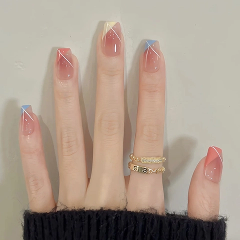 Press On Nails Pink Gradient Geometric Lines Colorful French Tips Full Cover Sweet Fresh Minimalist Women