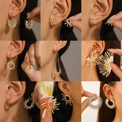 Orecchini Pendenti Sole Radioso Geometrico Cavo Oro Argento Lega Acciaio Inossidabile Zircone Gioielli Oro 14K Per Donna