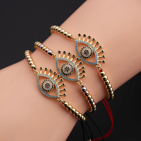 Evil Eye Bracelet Copper Cubic Zirconia Adjustable Braided Rope Turkish Eye Bohemian Jewelry For Women