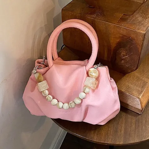 Borsa Nuvola Pieghe Donna Borsa Tracolla Morbida Pelle PU Con Catena Perle Marmo E Tracolla Metallica Portatile Casual Moda
