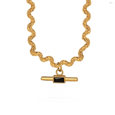Französische Retro Messing Titan Stahl Anhänger Halskette Mit Rechteckigem Grünem Schwarzem Glasstein Schicke Gedrehte Seilkette