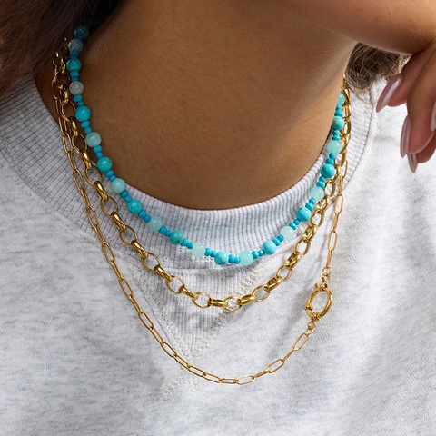 Multi Layer Stainless Steel Necklace Turquoise Beaded Gold Plated Chain Heart Pendant Fresh Natural Style Women Vacation Jewelry