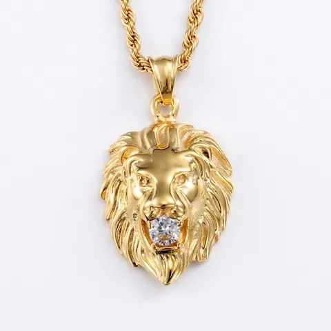 Lion Head Pendant Necklace Titanium Steel With Cubic Zirconia Hip Hop Punk Mens Jewelry 18K Gold Plated Vintage Style