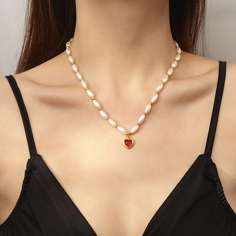 Elegante Collar Con Colgante De Cristal En Forma De Corazón Con Cadena De Perlas Artificiales De Imitación De Concha De Acero Inoxidable Joyería Para Mujer