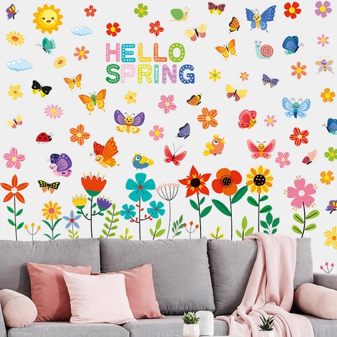 Hello Spring Wall Stickers PVC Flower Butterfly Cartoon Window Cling Decorative Decals For Living Room Nursery