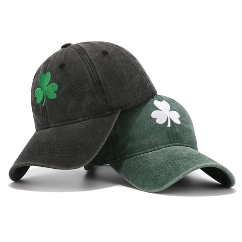 Shamrock Embroidered Washed Cotton Baseball Cap St Patricks Day Vintage Adjustable Sunshade Dad Hat Casual Clover Sports Headwear