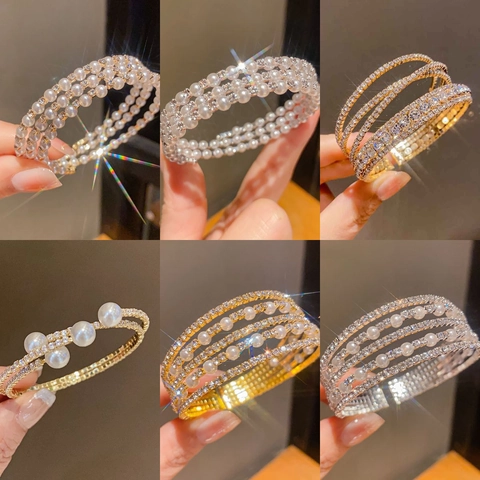 Multi-Layer Copper Bracelet With Faux Artificial Pearl And Rhinestone Adjustable Open Cuff Fashion Jewelry For Women