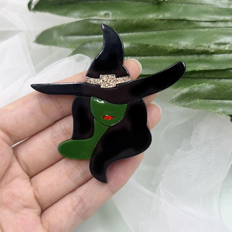 Spilla Da Strega Di Halloween Acrilico Viso Verde Cappello Nero Distintivo Corsage Stile Gotico Decorazione Festiva Per Donne